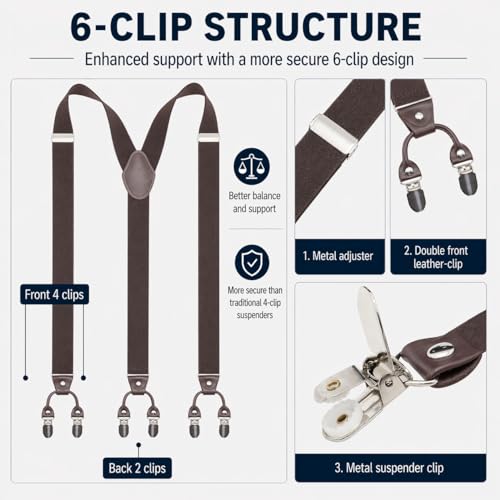 Image of Men's Heavy Duty Y-Back Suspenders, 6 Strong Metal Clips Adjustable Elastic Straps for Work, Tuxedos, and Daily Wear