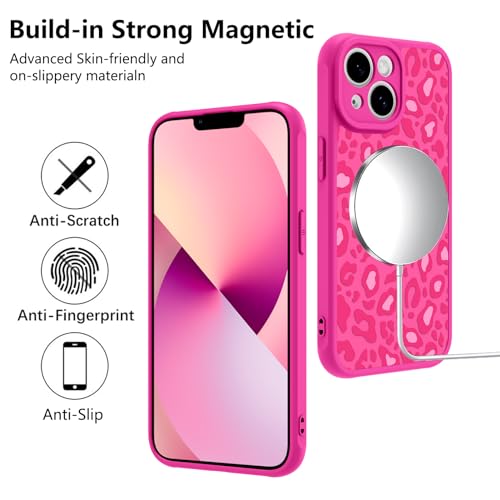 Image of KANGHAR Case for iPhone 13 Hot Pink Leopard Printed Pattern | Cute Cheetah [Compatible with Magsafe] Protective Magnetic Case for Girls Women 6.1 inch