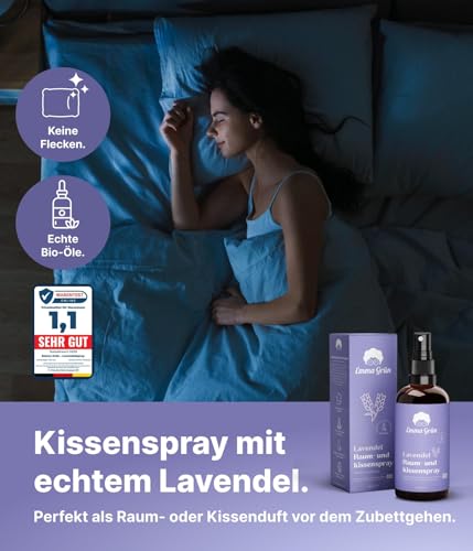 Emma Grün® Lavendelspray & Kissenspray 100ml [BIO-QUALITÄT] - Lavendelspray für Kopfkissen - Mit Naturreinem Lavandula Angustifolia - Lavendel Kissenspray zum Einschlafen - Lavendelöl Spray