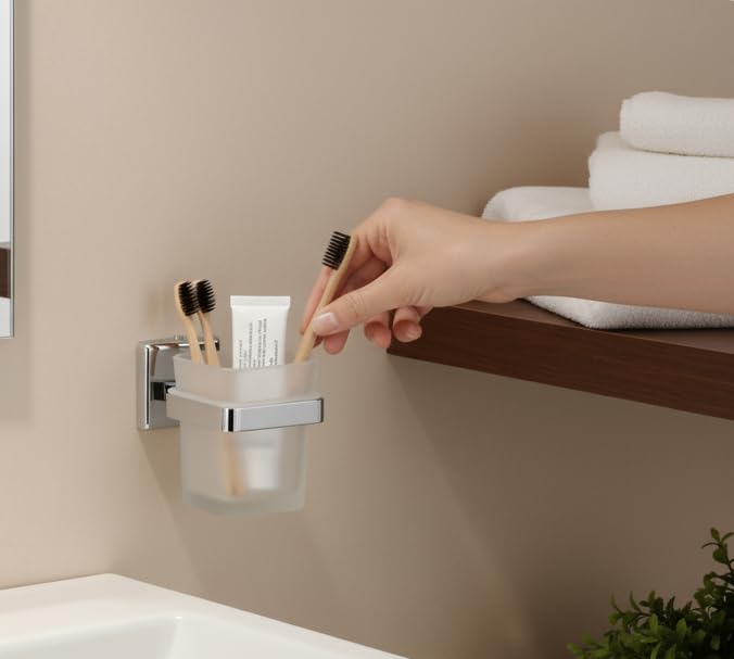 Image of 304 Stainless Steel Frosted Glass Tumbler Holder | Wall Mounted Toothbrush Holder with Frosted Glass Cup | Rust Proof Bathroom Toothbrush Stand | Chrome Finish Bathroom Accessories (Square-27N)
