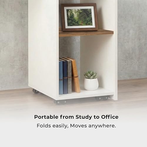Image of Klaxon Foldable Study Table with Drawer & Storage Shelf | Compact Desk for Home & Students | Folding Design with Lockable Wheels. (Black, DIY Installation) (Oak & White, Neo)