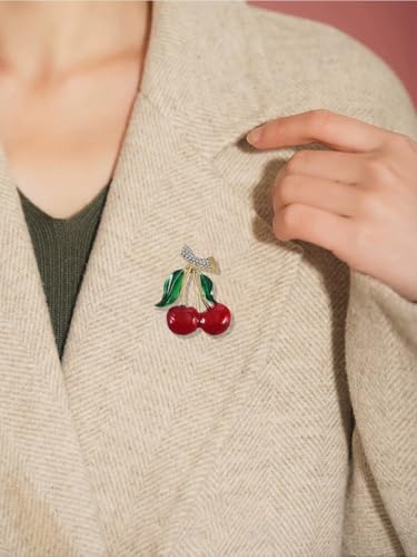 Image of Cute Cherry Rhinestone Fruit Brooch Pin for Women Gold Plated Red Green Enamel Leaf Brooches Lapel Pins Dainty Dress Accessories Jewelry for Hat Bag Suit Tie