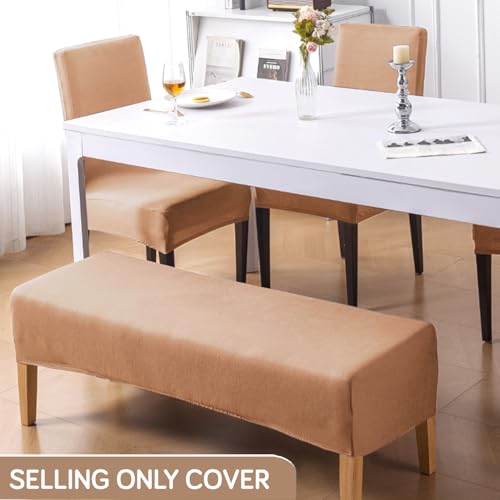 Image of HOKIPO 'SereneSolids' 140 GSM Stretchable Dining Chair Covers Set of 4 with 1 Bench Cover, Camel (AR-6282-CML)