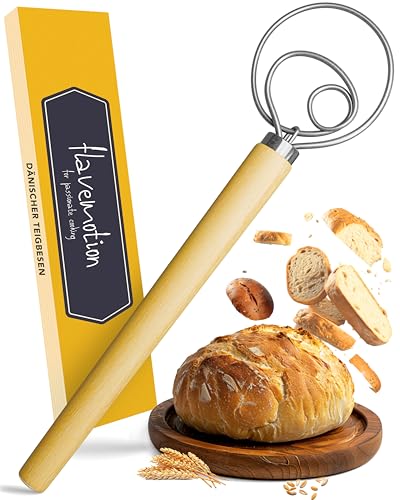 Flavemotion Dänischer Schneebesen für perfekten Teig im Handumdrehen - Hochwertiger Teigbesen als Brot backen Zubehör - Teigrührer, Teigkneter, Teigmischer, Danish Whisk als Brotbackzubehör