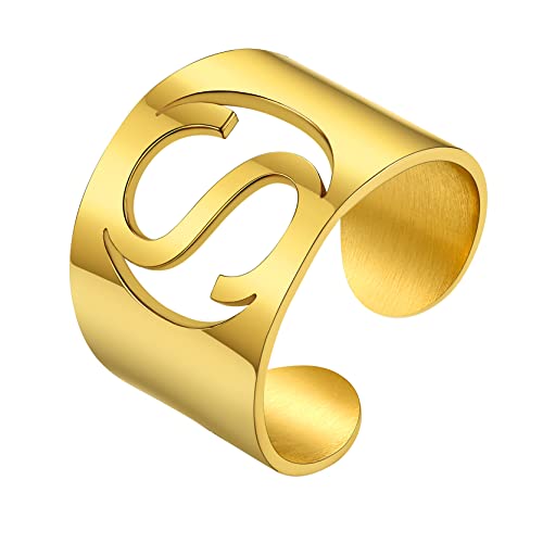 GoldChic Anillo Elegante Apellido Personalizable Letra S Oro, Anillo Abierto Banda Ajustable
