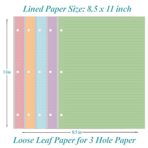 3-Hole Colorful Lined Loose Leaf Paper Refills for Students - 100 Sheets/200 Pages, 8.5 x 11
