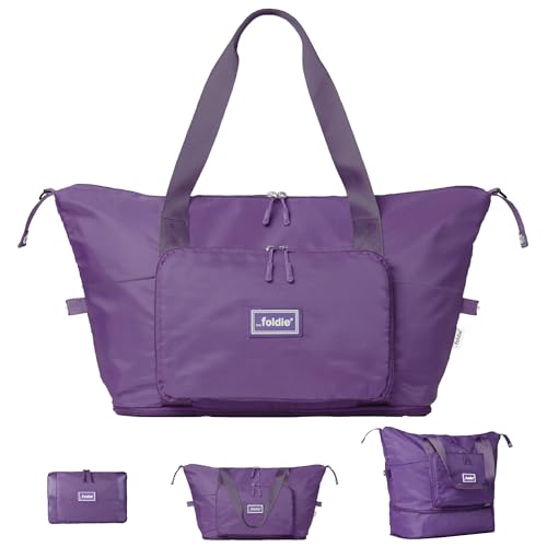 The Foldie Foldable Travel Tote Bag for Women - 40L Weekender Overnight Bag Duffel with Multiple Pockets and Luggage Sleeve - Airline-Approved Underseat Carry On Personal Item Travel Bag - Purple