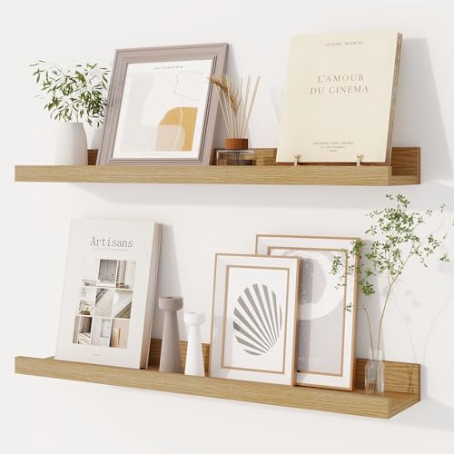 Dreamland Picture Ledge Shelf for Wall, Floating Shelves Set of 2, 24 Inch Long Floating Shelves with Lip for Living Room, Bedroom, Bathroom, Kitchen, Oak