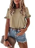 PRETTYGARDEN Women's Short Sleeve Casual T Shirts Summer Ruffle Plain Round Neck Loose Fit Tee Blouse Tops (Khaki,L)
