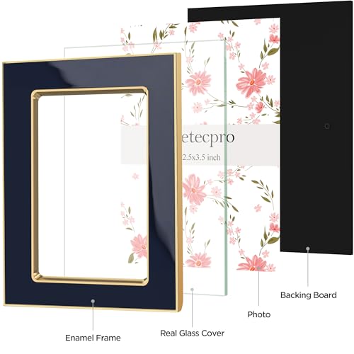 Image of eletecpro 2.5x3.5 Enamel Picture Frame Set of 2 with Real Glass Cover, Photo Frame with Gold Metal Edge, Horizontal and Vertical Display Pictures 2.5 by 3.5 for Tabletop and Wall Decor, Navy