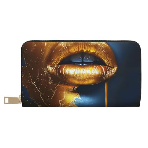 Gold Lips Printed Long Wallet for Women Men Cute Coin Purse with Card Holder