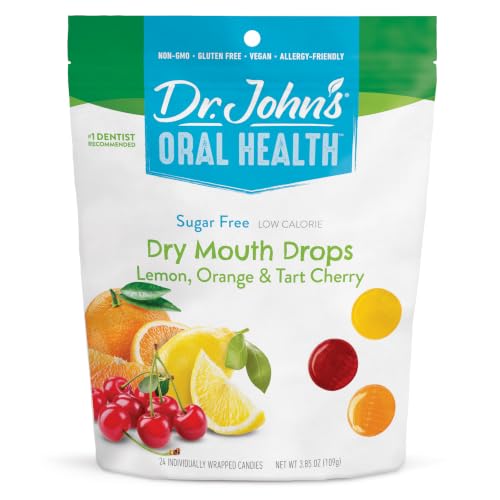 Dr. Johns Healthy Sweets Dry Mouth Drops Lemon, Orange, & Tart Cherry with Zero Sugar, Dye Free, Plant Based, Keto Friendly, 24 Count, 3.85oz Bag