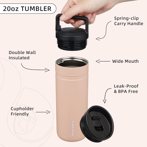 Image of BJPKPK 20 oz Insulated Travel Water Bottle, Coffee Tumbler Stainless Steel | Double Wall Vacuum, Leakproof, Thermal, Keeps Hot /Cold, BPA Free, Dishwasher Safe, Spill Proof, Wide Mouth, 2 Lids, Peach