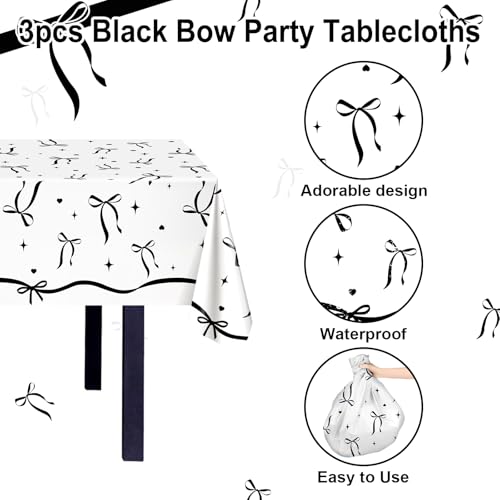 Image of Avezano 3 pcs Black Bow Tablecloths 108 x 54 inch Bow Birthday Decorations Black and White Coquette Plastic Table Cover Disposable Bachelorette Party Supplies