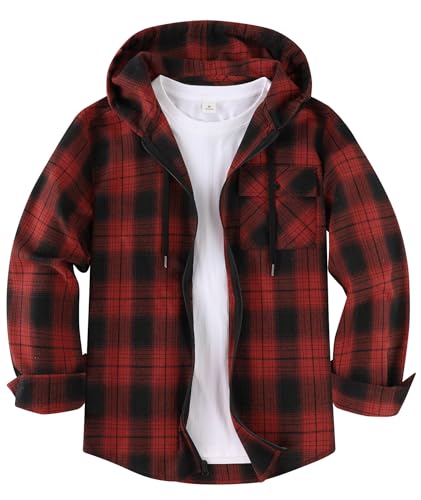 SwissWell Chemises Flanelle pour Hommes à Capuche Chemises à Carreaux Chemise Manches Longues avec Fermeture éclair Chemise de Bûcheron pour Le Travail Randonnée Camping,D35 Noir Rouge,XL
