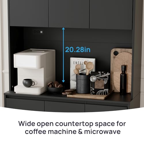 holzart 71\" Tall Black Kitchen Pantry Cabinet with 6 Doors & Power Outlet, Freestanding Storage Hutch with Countertop, Adjustable Shelves for Dining Room, Laundry Room