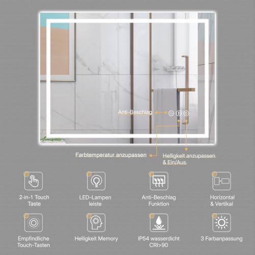 Dripex LED Badspiegel 60 x 80 cm, 3 Lichtfarben, Antibeschlag fürs Bad – Ansicht 4