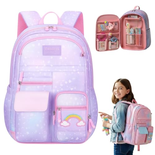 Mochila Escolar Infantil Feminina com Compartimentos, Abertura Geladeira, Estampa Arco-Íris, Rosa e Lilás, para Ensino Fundamental