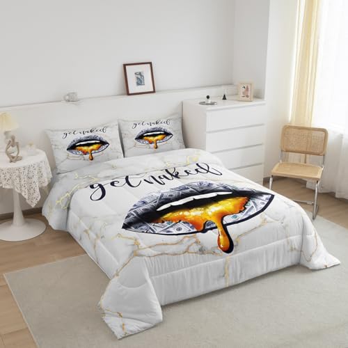 Image of Feelyou US Dollars Sexy Lips Bedding Set King Size, Get Naked Lips Comforter Set for Kids Golden Marble Comforter Boys Girls Funny Get Naked Duvet Set Bed Set 3Pcs