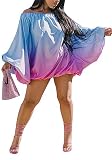 Womens Off Shoulder Dress Mini Summer Puff Sleeve Rainbow Gradient Ombre Blue Wedding Guest Short Dresses