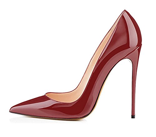 SAMMITOP Women's Pointy Toe High Heels Slip On Stilettos Large Size Wedding Party Evening Pumps Shoes PatentBurgundy US12.5