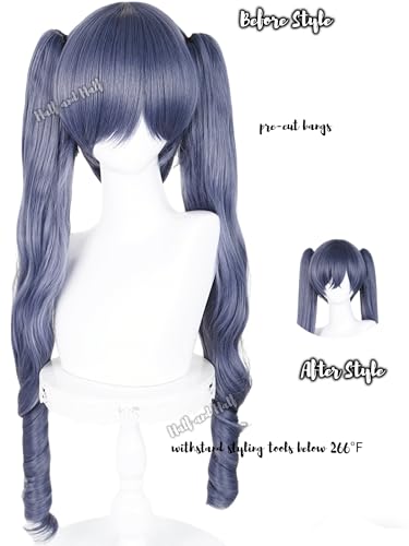 Image of Half and Half Long Curly Deep Gray Blue Ponytail Wigs for Anime Butler Cosplay Dark Gray Twin Tails Costume Wigs for Women Halloween Party Daily