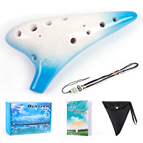 Ocarina, Horse 12 Holes Alto C Ceramic with Carry Bag Music Book Strap (Crack Blue) - Thumbnail 3