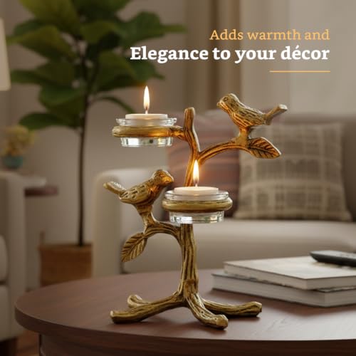 Image of Amazon Brand - Solimo Metal Birds Tree Tea Light Candle Holder | Gold Finish | Decorative Centerpiece for Home, Living Room & Puja | Good Luck Gift with Glass for Votive Candle (Candles Not Included)