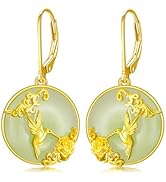 HPQQ Jade Earrings for Women 14k Gold Plated Sterling Silver Natural Jade Drop Dangle Earrings Je...