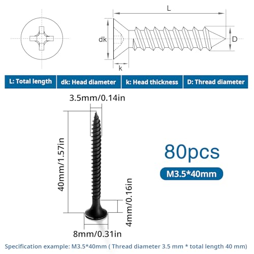 VooGenzek 80 PCS M3.5 * 40 mm Coarse Thread Point Drywall Screws, Phillips Countersunk Drywall Screws - Image 2