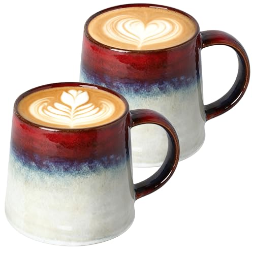 Taza de café grande, 2 unidades de cerámica de 450 ml, taza de té de gres con asa, tazas grandes de capuchino, tazas para café, leche, té, oficina y hogar, microondas y lavavajillas (rojo tinta)
