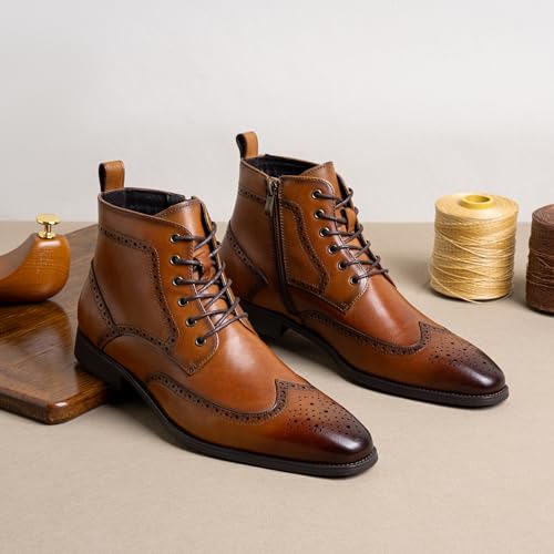 Jousen Mens Leather Brogue Dress Boots Oxford Wingtip Ankle Boots for Men Side Zipper Lace Up Business Formal Boots (AMY8187 brown 09) by Jousen - Image 4
