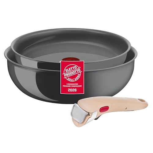 Lagostina Ingenio Vivissima, Set Padella 24cm e Wok 26cm in Ceramica Antiaderente con Manico Rimovibile Beige, Tecnologia Thermo-Signal, per Tutte le Fonti di Calore
