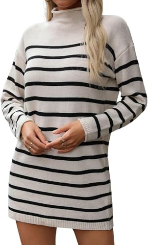 YUTILA Strickkleid Damen Gestreift Rollkragen Pullikleid Langarm Elegant Casual Pulloverkleid für Herbst und Winter