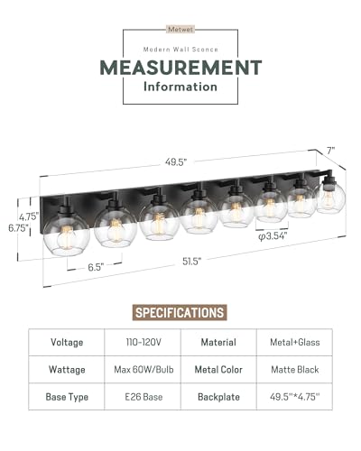 Image of 8-Light Bathroom Light Fixtures, Matte Black Vanity Light, 52 Inch Modern Wall Sconces with Globe Clear Glass Shade, Vanity Lighting Fixtures Over Mirror, VL195-MB-8