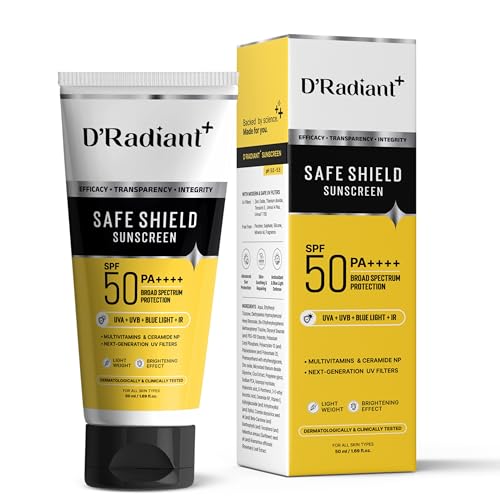 Image of D'Radiant+ Safe Shield Sunscreen SPF 50 PA++++ | Broad Spectrum UVA, UVB, Blue Light, Infrared Protection | Modern Uv Filters | Lightweight, Brightening Effect | Dermatologically & Clinically Tested (50ml)