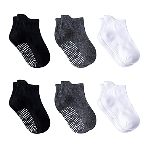 DEBAIJIA 6 Pares de Bebés Antideslizante Calcetines de Algodón Calcetines Elásticos para Niños Niñas 1-3 años, Calcetines y Confortables para Primavera Verano Negro/Blanco/Gris - M