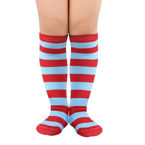 American Trends Kids Knee High Socks Athletic Soccer Socks Baseball Socks Toddler Girls 1 Pack Blue Red Stripes