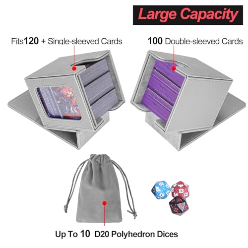 Image of AFIING MTG Deck Box for Commander Display,Card Deck Box Fits 100 Double Sleeved Cards, Magic Commander TCG Card Storage Box with 2 Dividers,Drawstring Bag and 1 Toploader(Silver /grey)