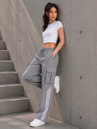 Image of Women's Grey Wide Leg Cargo Track Pants Casual Streetwear Striped Jogger Trousers