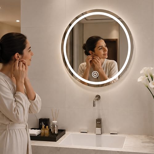 Image of Art Street Round LED Bathroom Vanity Mirror, Anti-Lighted Wall Mirror with Touch Control, Dimmable Backlit Mirror for Bathroom, Makeup, Bedroom & Modern Home Decor (Size, 24x24 Inch)