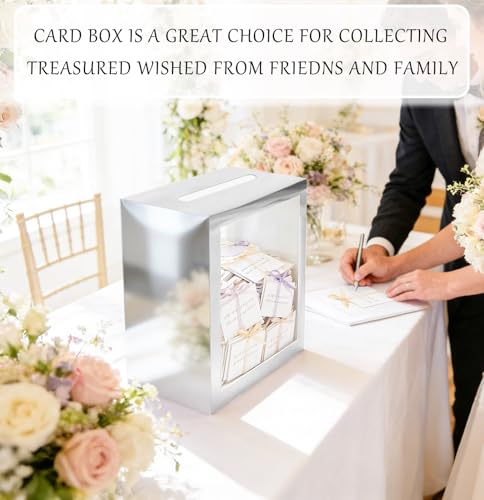 Image of SietDESEO Silver Card Box for Party with Clear Window Large Gift Card Box Holder for Wedding Reception Birthday Graduation Baby Shower Raffle Ticket Box