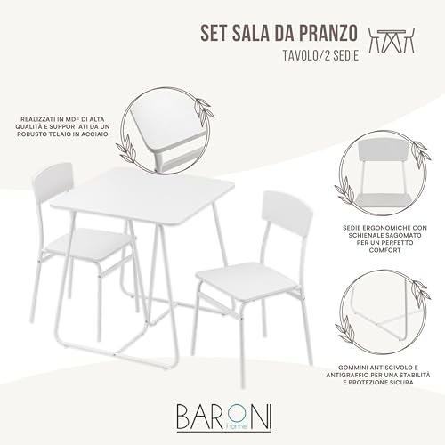 Baroni Home Essgruppe 3-teilig, modernes Design, leicht, Esstisch mit 4 Stühle Set, Esszimmer, Balkon, Restaurant, aus MDF und Stahl, einfache Montage, Quadratisch, Weiß