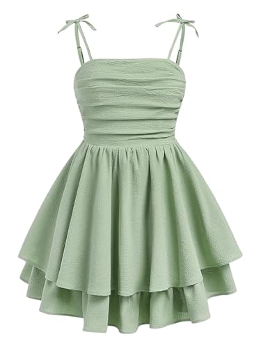 Verdusa Girl's Bow Tie Shoulder Sleeveless Princess Dress Ruched Tiered Layered Summer Dresses
