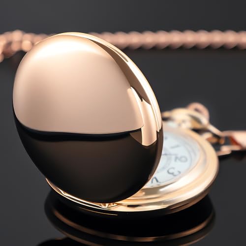 Image of Rose Gold Smooth Pocket Watch Rose Gold Steel Quartz Arabic Numerals with 37cm Chain for Father's Day Xmas Best Gifts