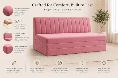 Image of Three Seater Sofa Bed, Velvet Fabric Foldable Sofa Cum Bed with Soft Foam Cushioning, Convertible Floor Couch for Living Room, Guest Room & Home Use (Rose Pink, Pre-Assembled)
