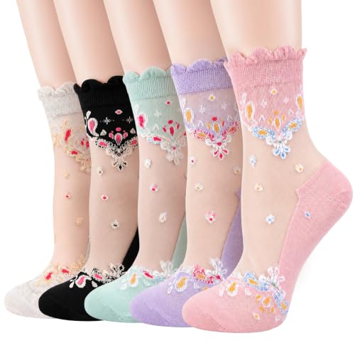 Image of 5 Pack Flower Sheer Socks for Women Ruffle Lace Ankle Socks