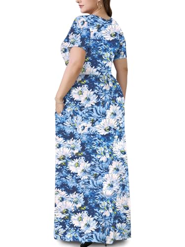 Image of PEVRL Plus Size Summer Maxi Dress for Curvy Women with Pockets 1X-5X | Short Sleeve, Twisted Front V-Neck, Summer Casual A Line Flowy Dress, Empire Waist Floral Print Beach Vacation Long Dress