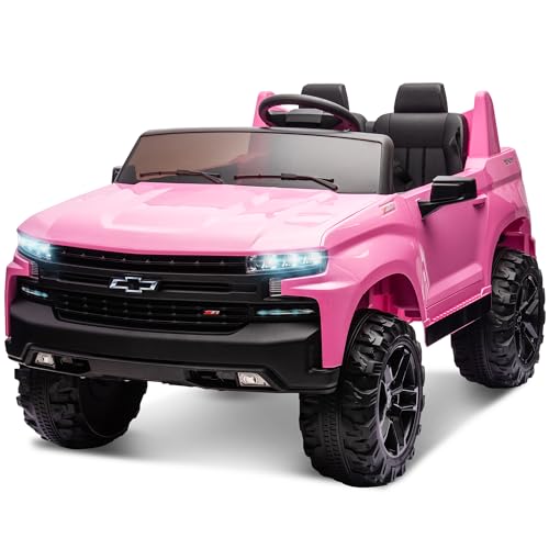 Image of ENYOPRO 24V 2 Seater Ride On Truck Car, Compatible for Chevrolet Silverado Battery Powered Electric Car for Kids w /Remote Control, Metal Suspension, Soft Start, FM /Bluetooth /Music, LED Lights, Pink