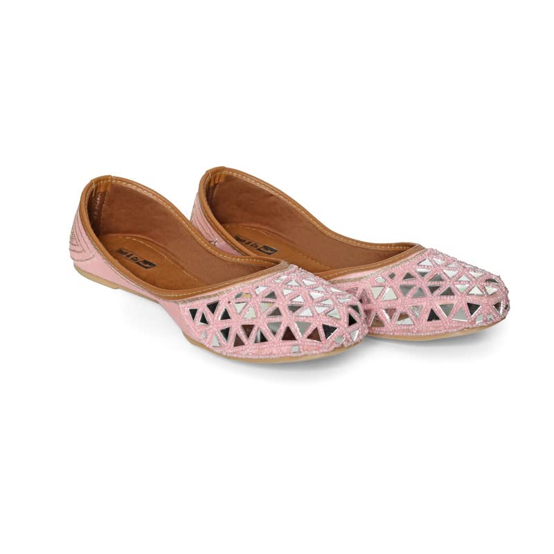 Embellishment Mirror Work & Beads Mirror Design Jutti for Girls/Women || Ethnic Footwear of Mirror Work/Punjabi Jutti Mojari,Pink (6 UK)-image-44
